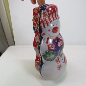 Snowman Shaped Metal Candy Tin, Great Condition, Bright Primary Colors